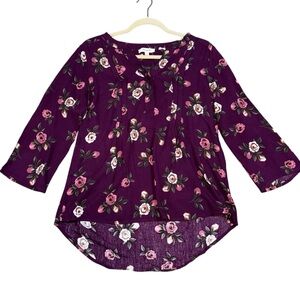 New Monday Fun Top S Floral Roses 3/4 Sleeve Pullover Blouse Tunic Hi Low Boho